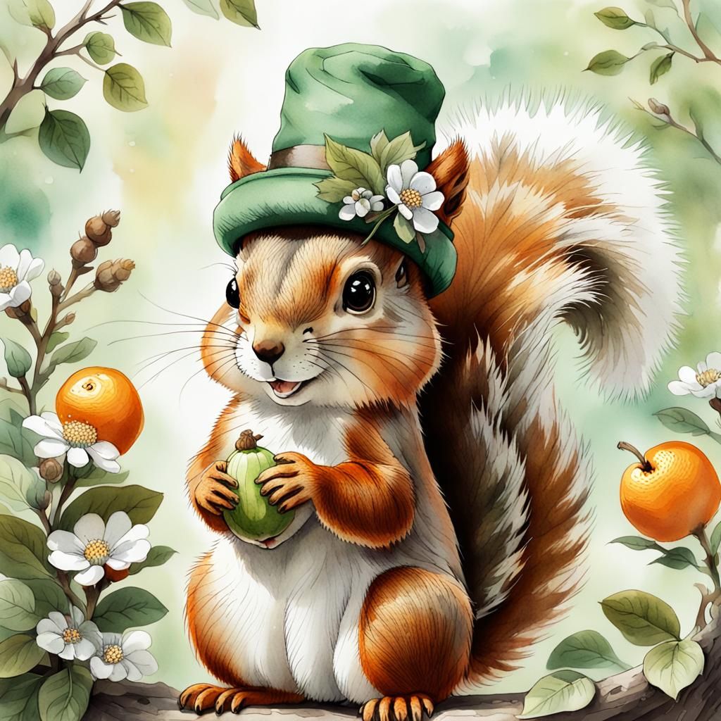 Whimsical Squirrel in Anime Style with Acorn