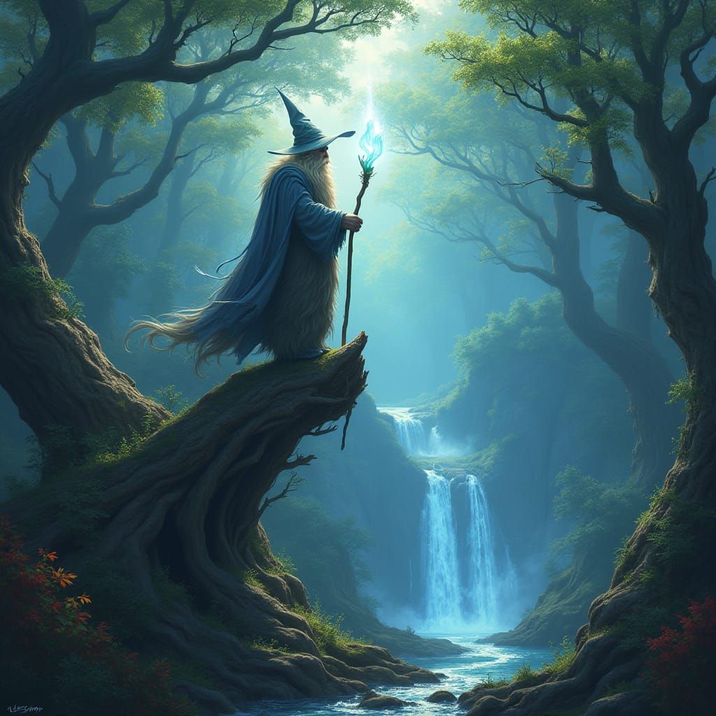 Mystical Wizard Amidst Ancient Forests and Waterfalls