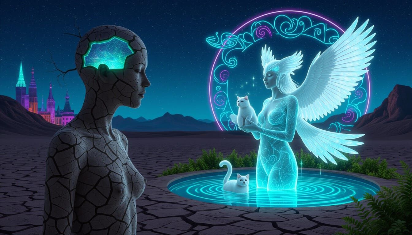 Bioluminescent Figure in Surreal Cosmic Landscape