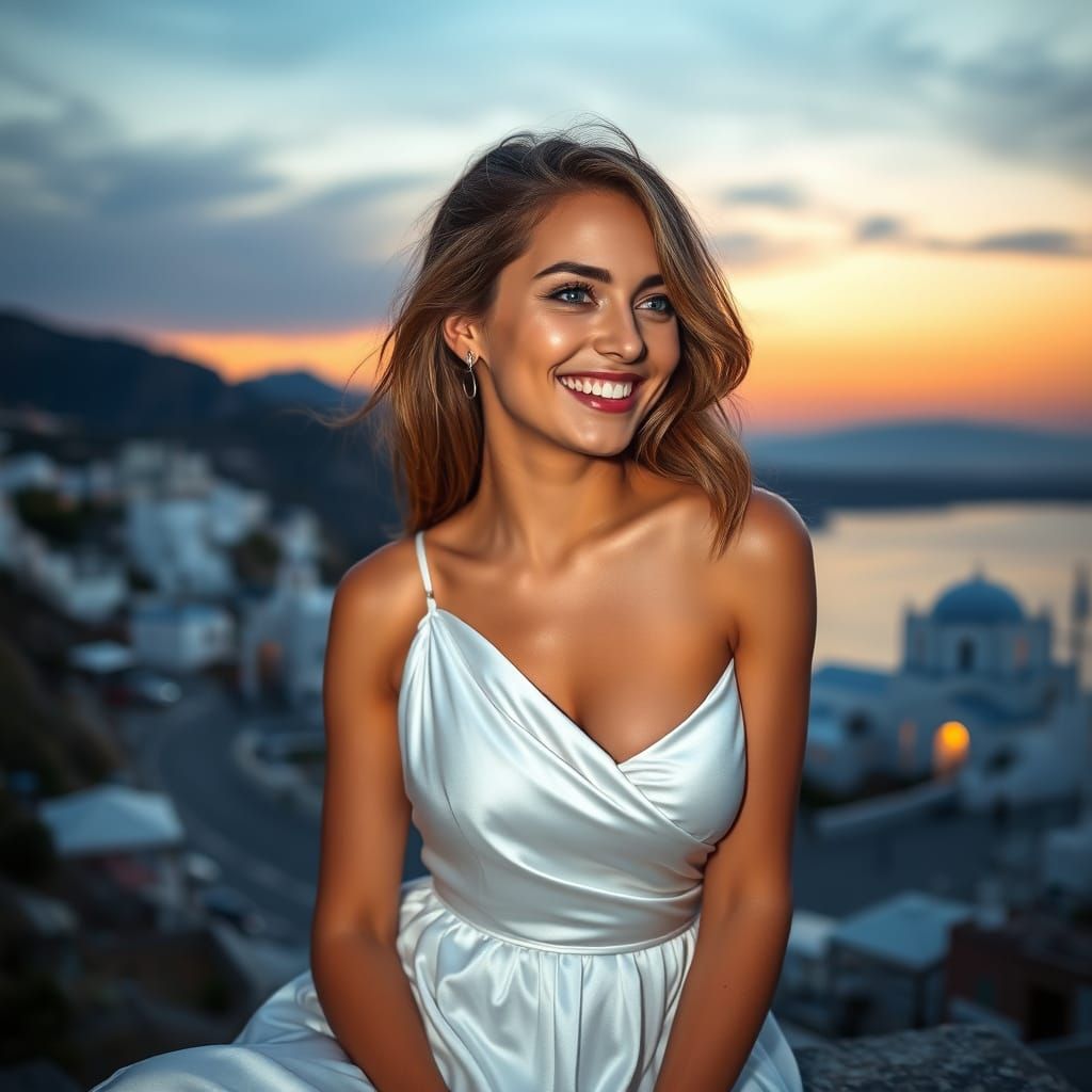 Woman in White Dress on Greek Beach at Sunset