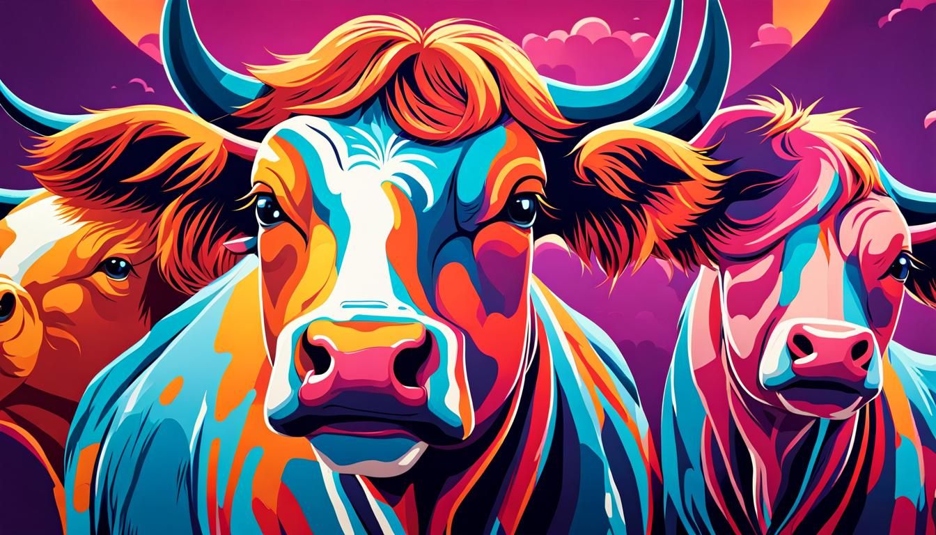Anthropomorphic Cows Shooting a Movie in Vibrant Colors