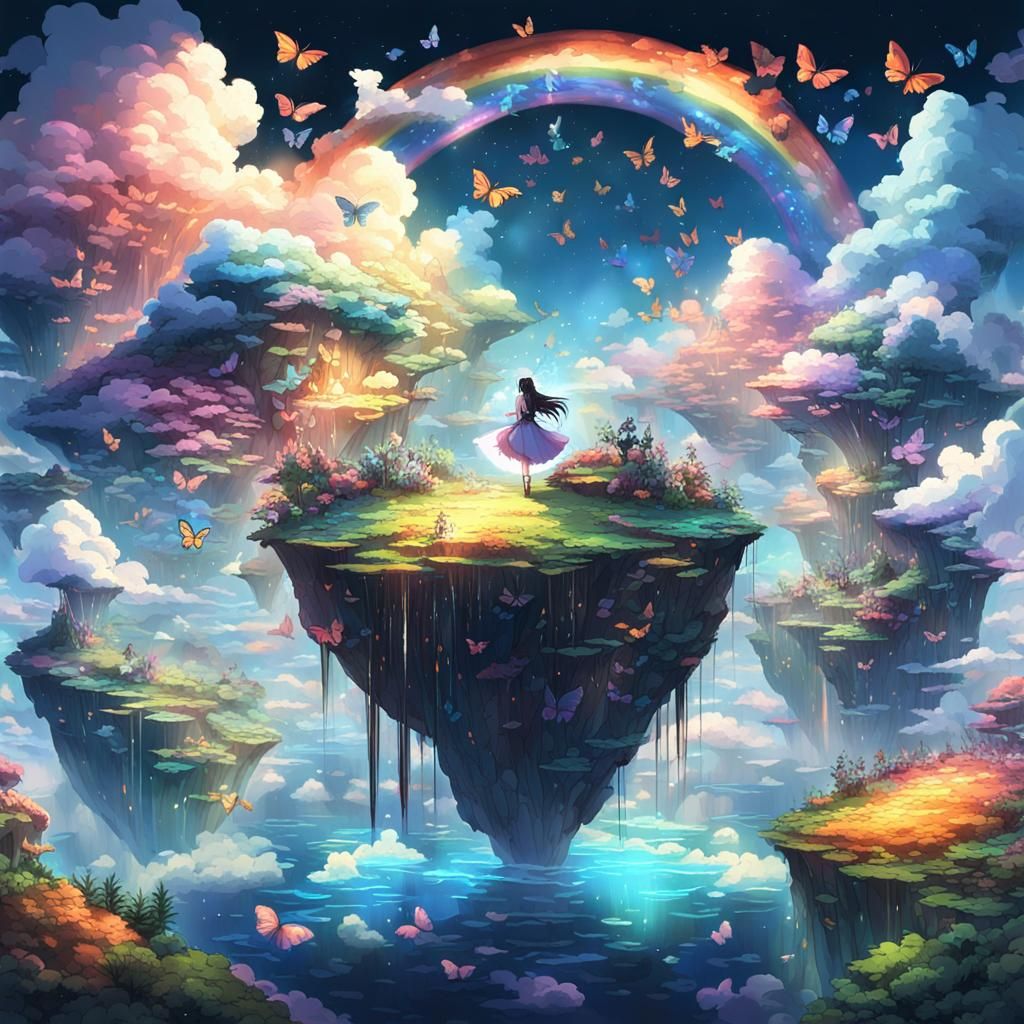 Floating Islands with Anime Girl in Cel-Shaded Style
