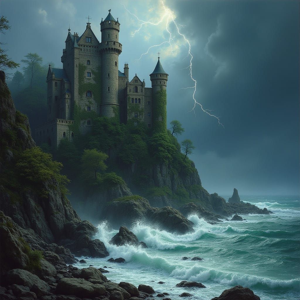 Castle on Rocky Coastline in Dark Atmosphere