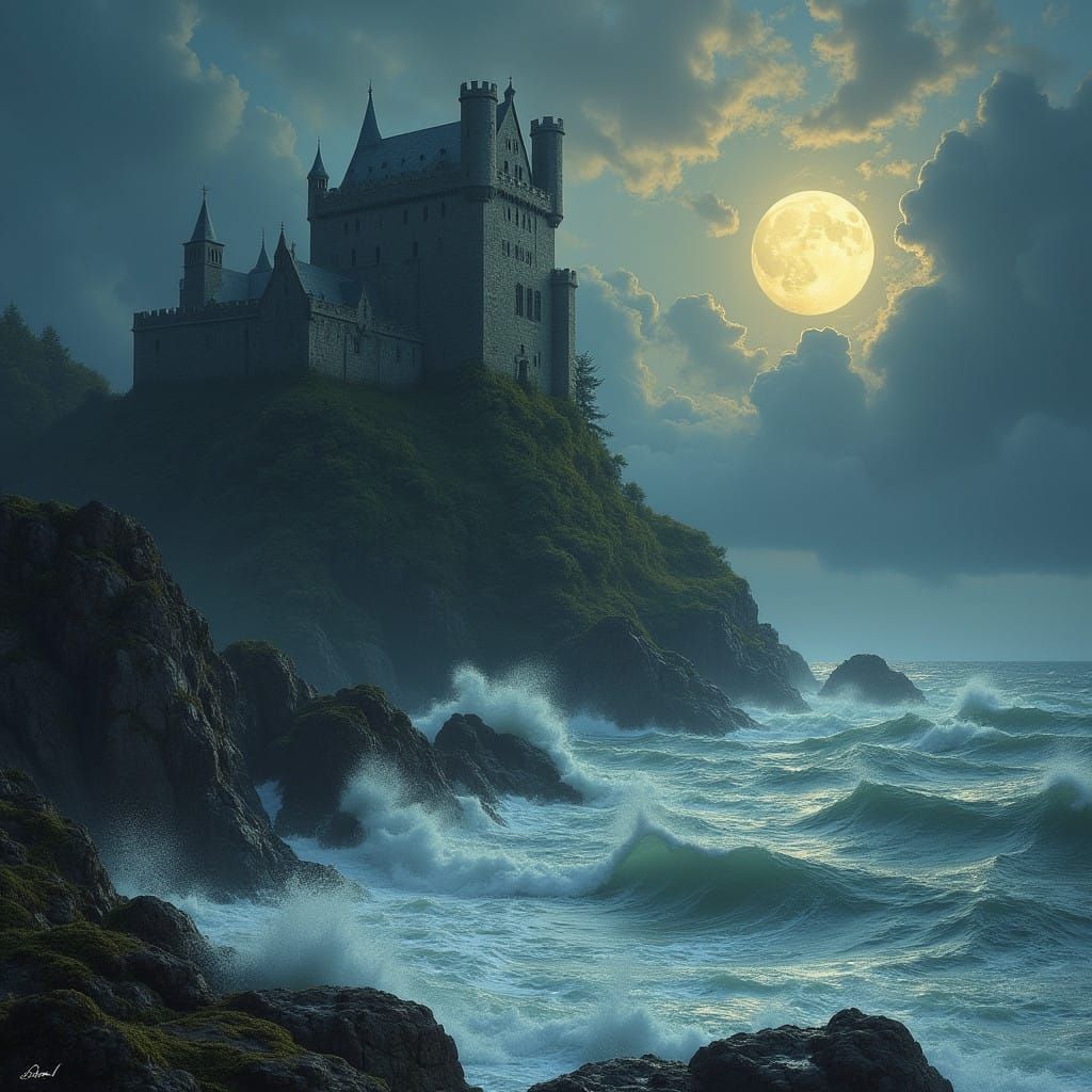 Castle on Rugged Coastline in Moonlit Storm