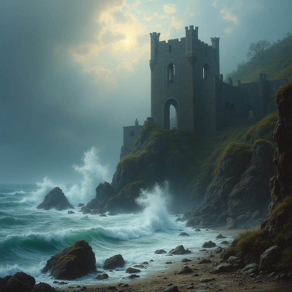 Stormy Castle Ruins by the Rocky Coastline in Romantic Lands...