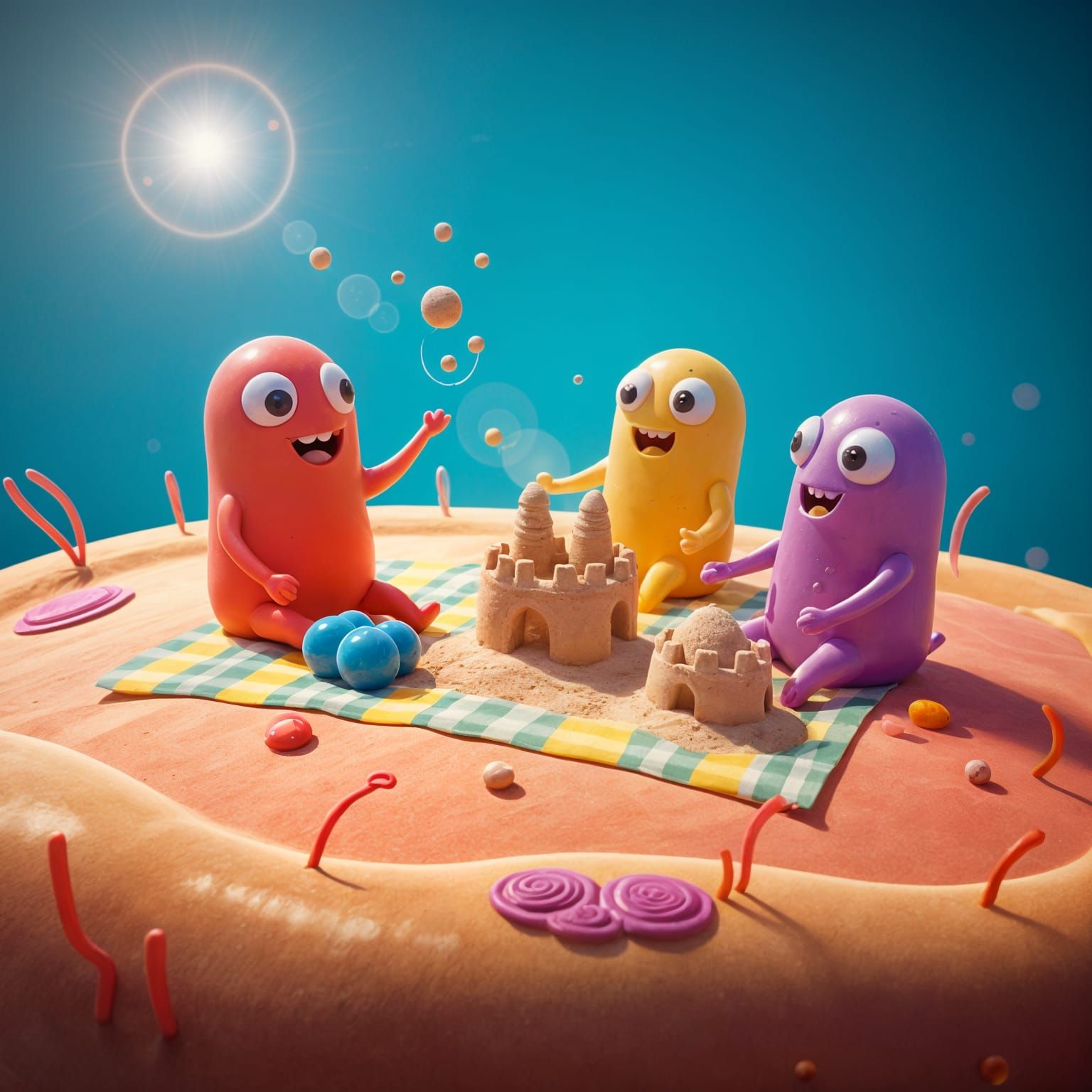 Cheerful Microbes Enjoy Picnic on Giant Cell in Whimsical St...
