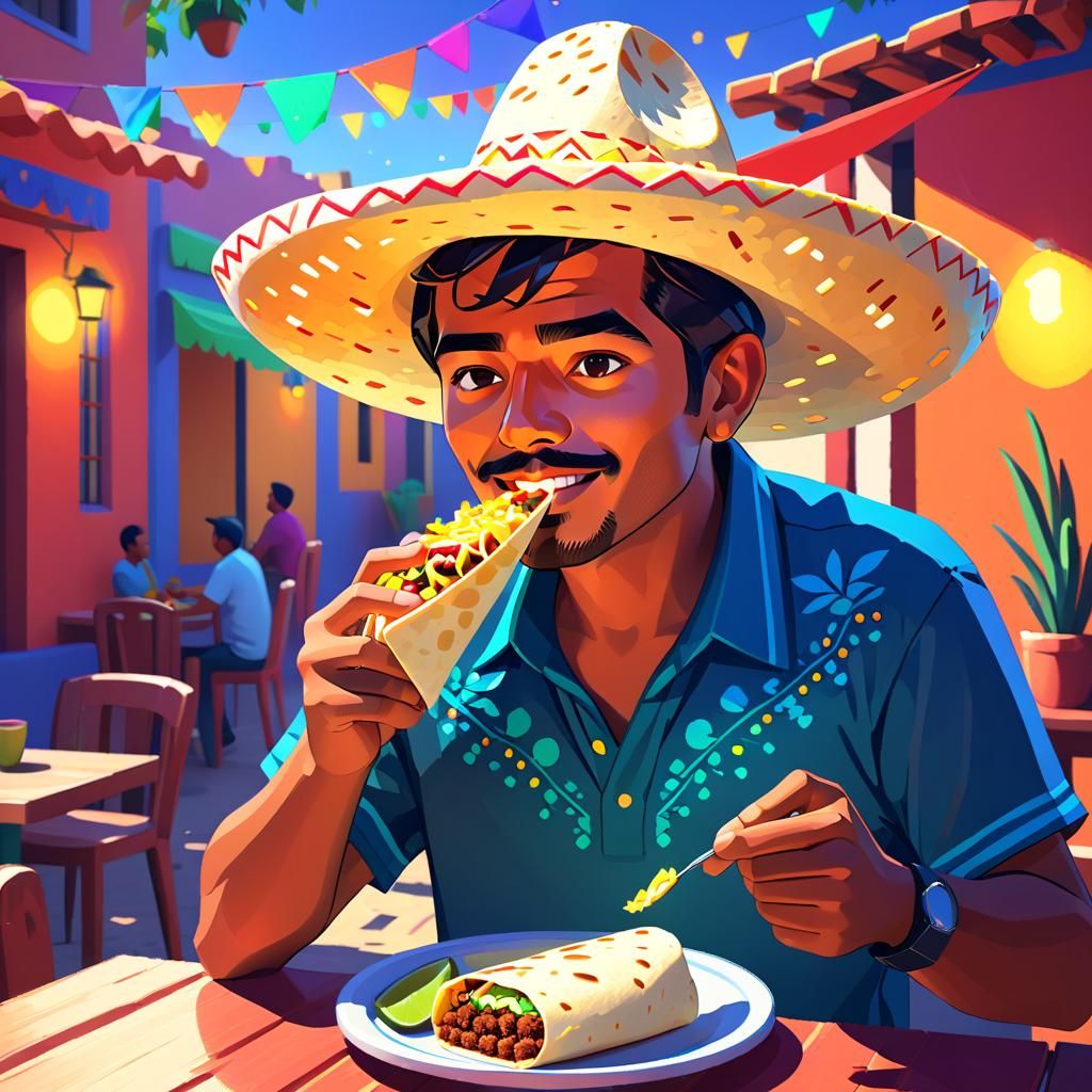 Mexican Man Enjoys Burrito in Brut Pixel Art Style