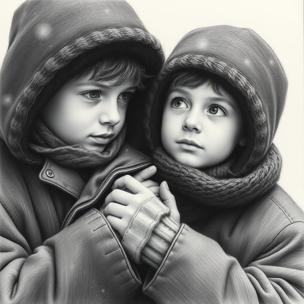 Detailed Charcoal Drawing of Two Orthodox Boys