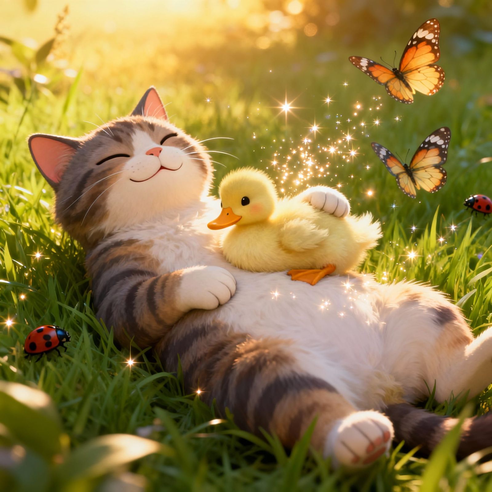 Cat and Duckling Relaxing in Golden Sunlight