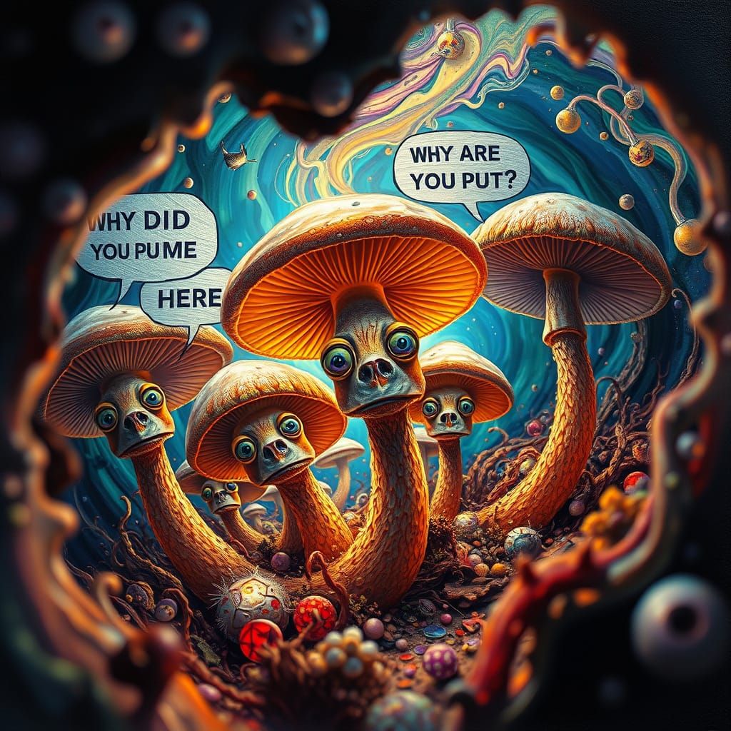 Surreal Microscopic Mushroom World Oil Painting