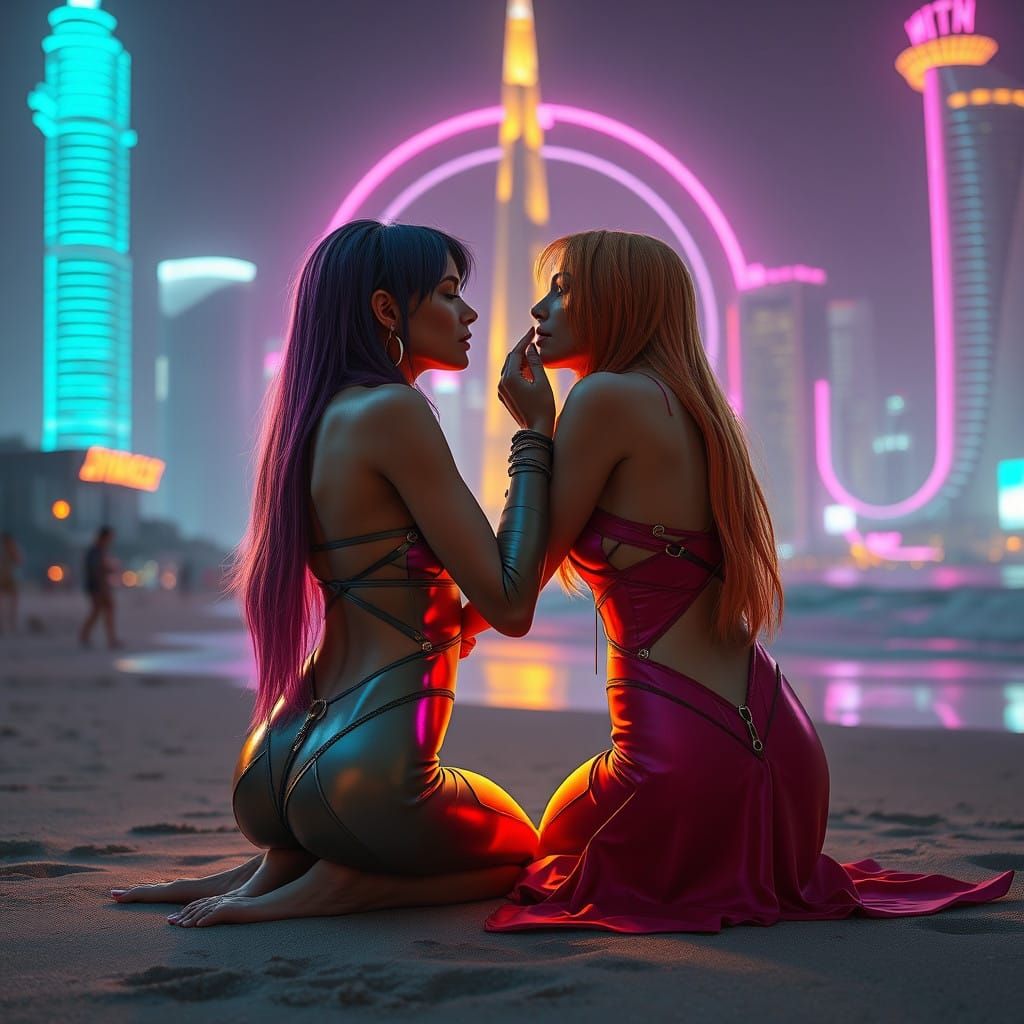 Futuristic Women in Cyberpunk Beach Scene