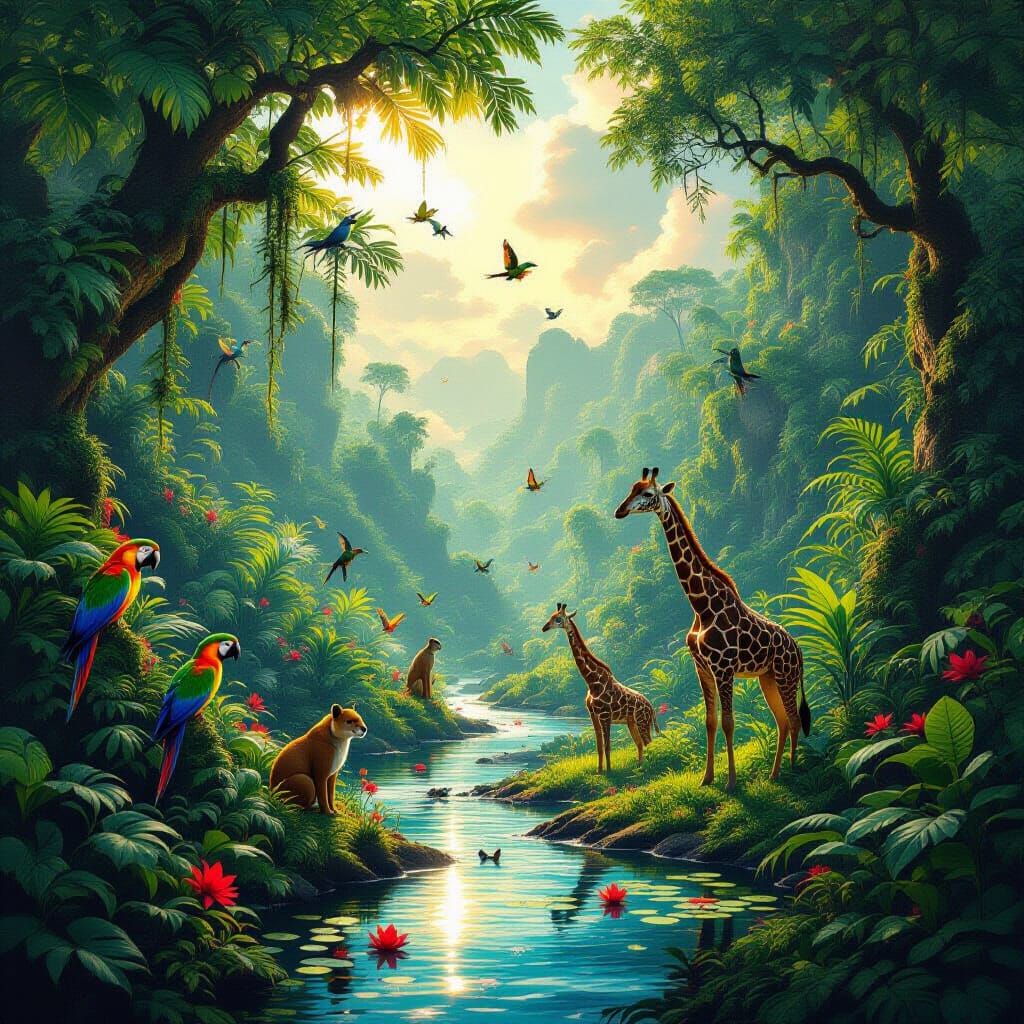 Hyperrealistic Jungle and Savannah Panorama with Wildlife