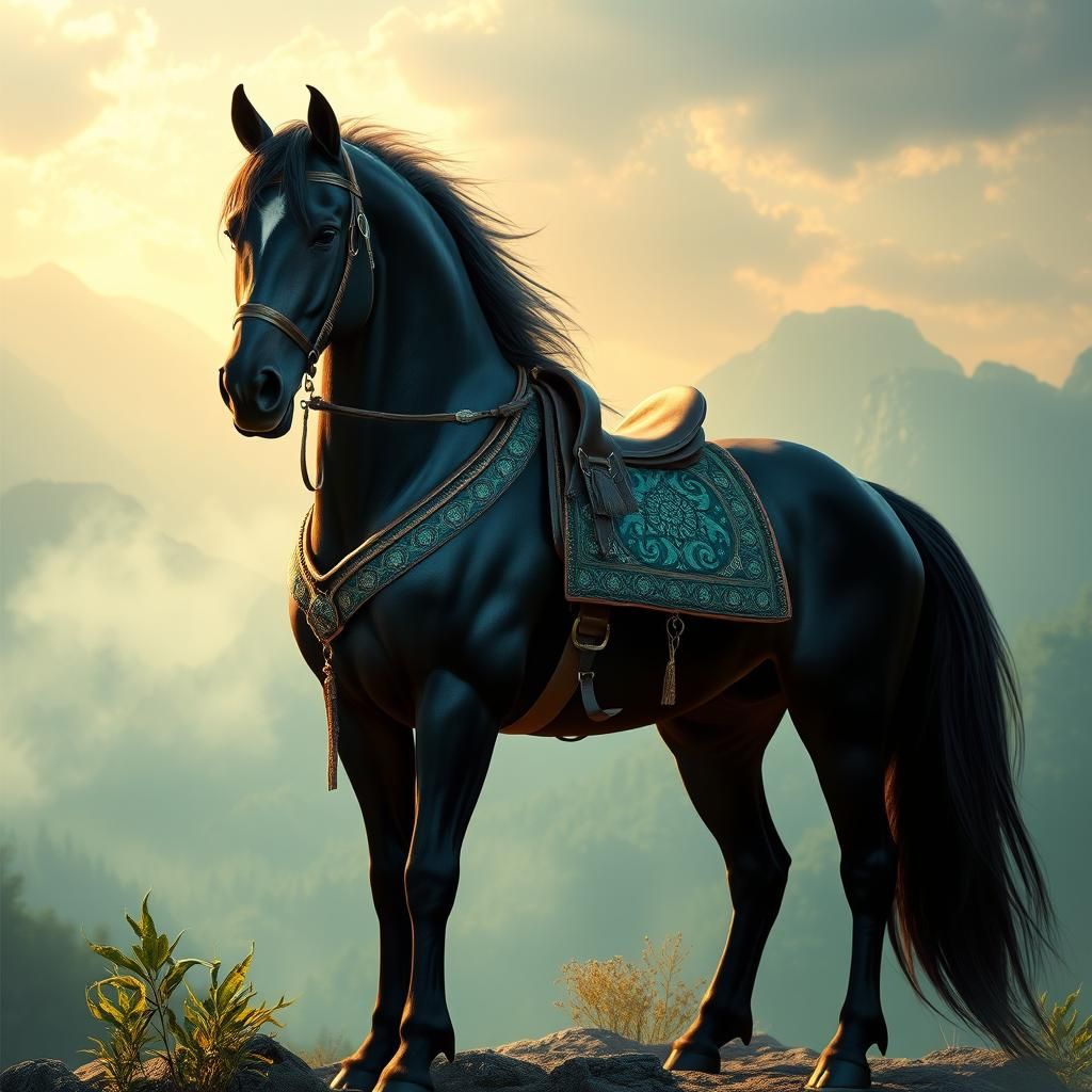 Majestic Black Stallion in Mystical Realm