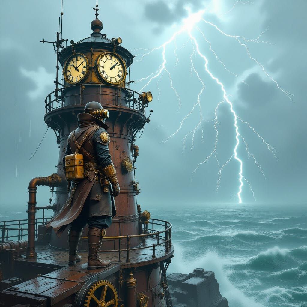 Steampunk Inventor on Clockwork Lighthouse in Gritty Style