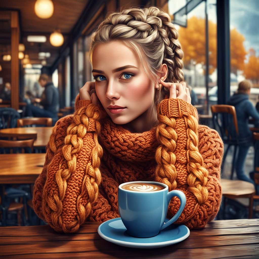 Girl in Chunky Sweater Drinks Coffee: Digital Illustration