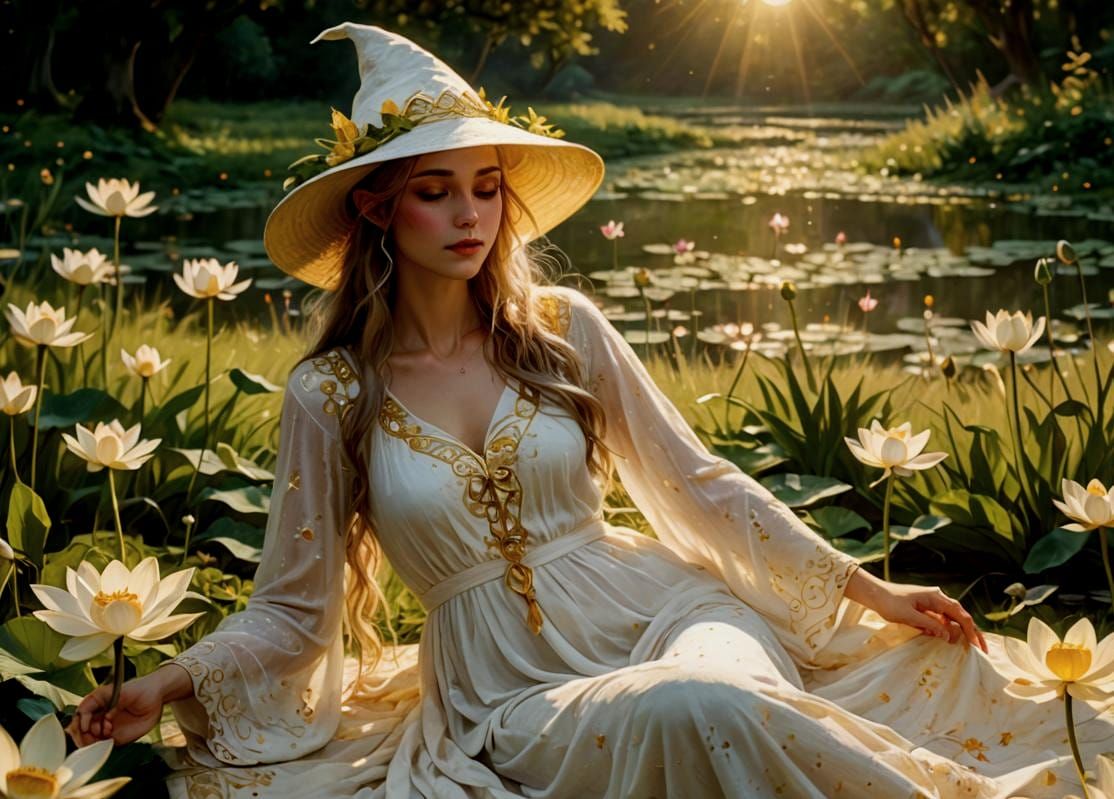 Anime Woman in Sundress Relaxing in Field