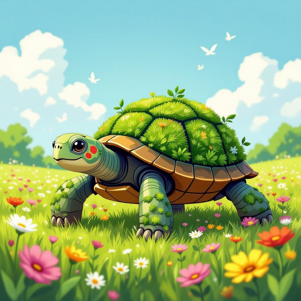 Robot Turtle in Flower Field - Fairytale Illustration Style