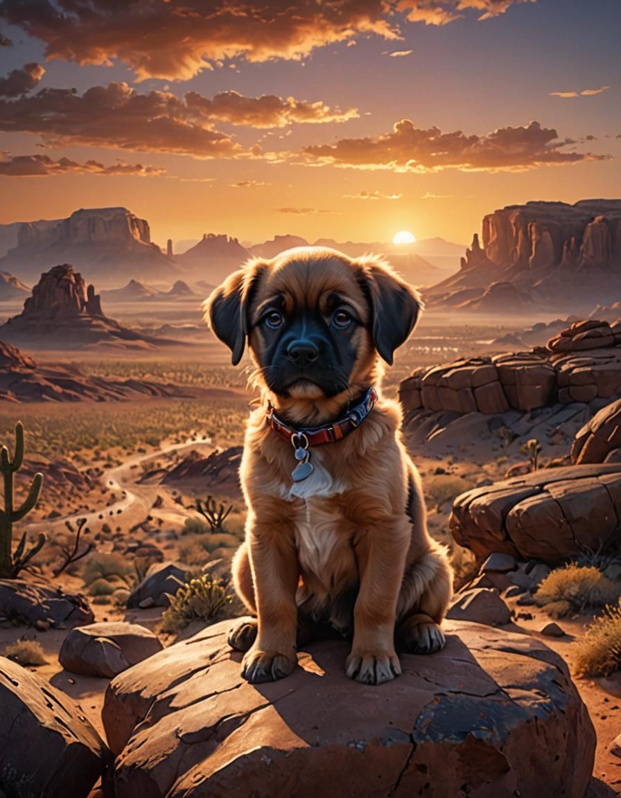 A Grumpy Puppy sitting on a rock, stunning desert sunset. Endless landscape view.