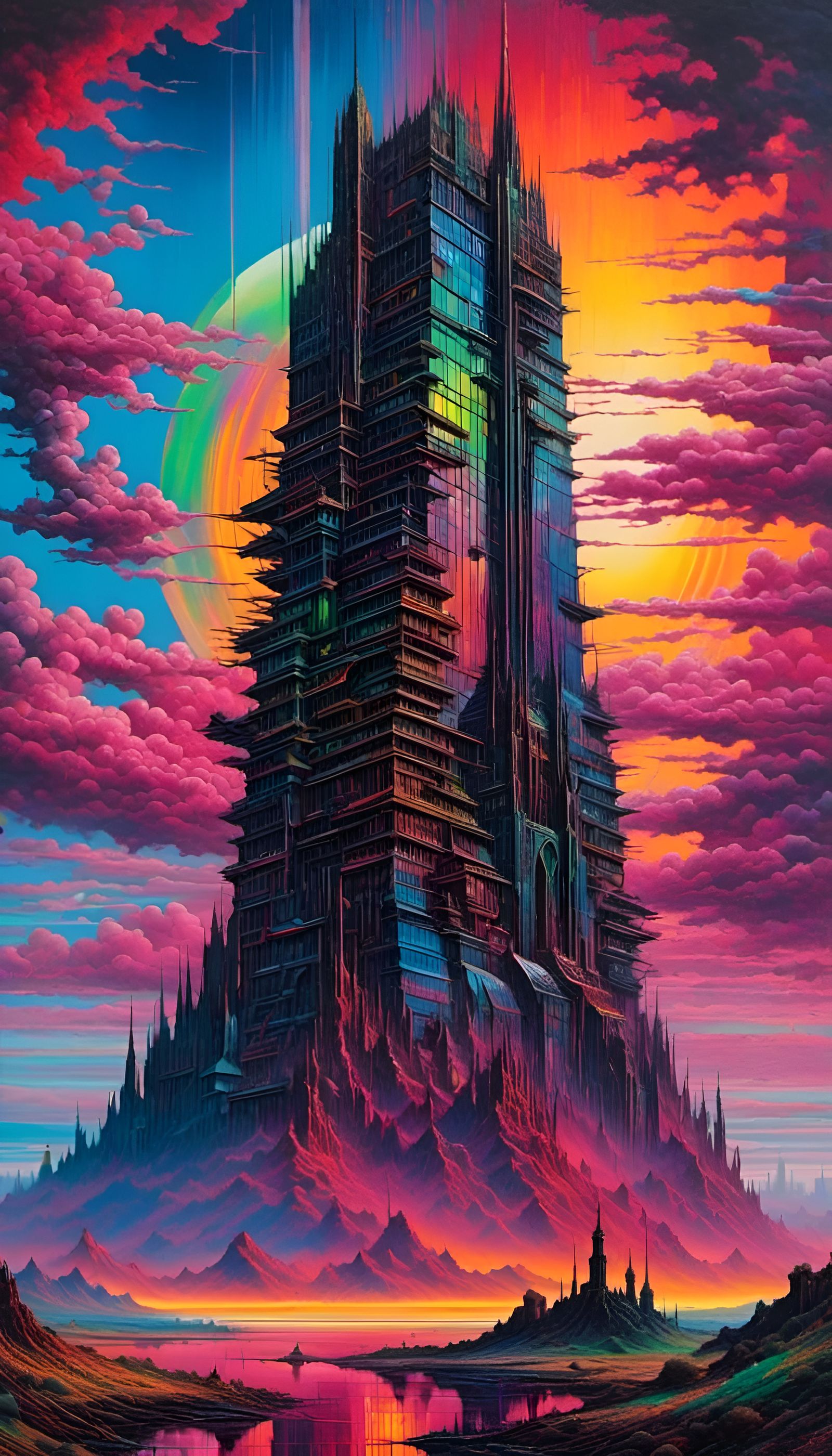 Sci-Fi Synthwave Tower in Retrowave Style