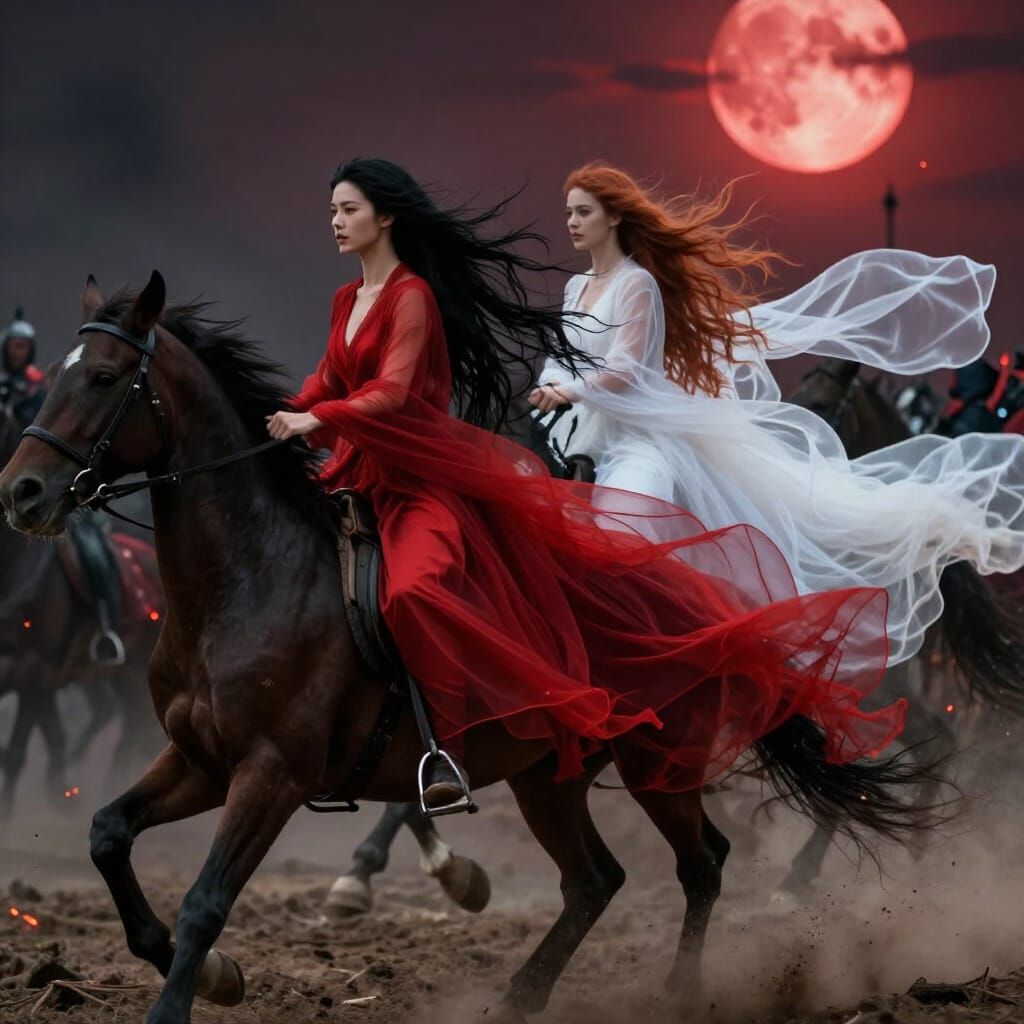 Dark Fantasy Battle: Women Charge on Horseback