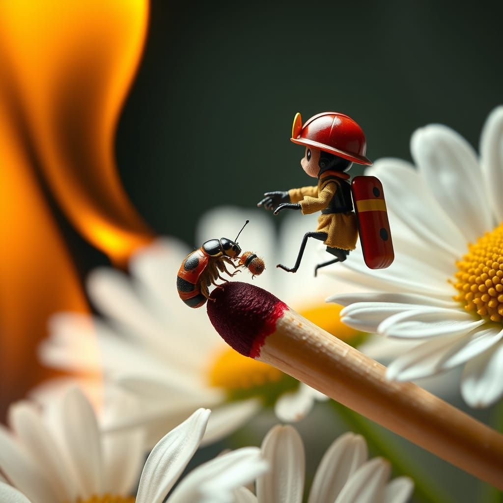 Miniature Ladybug Firefighter in Dramatic Macro Landscape