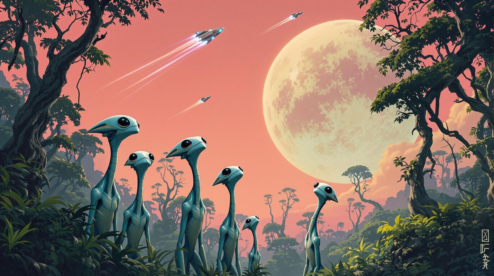 Biomechanical Beings in a Jungle World Gaze Up at the Sky