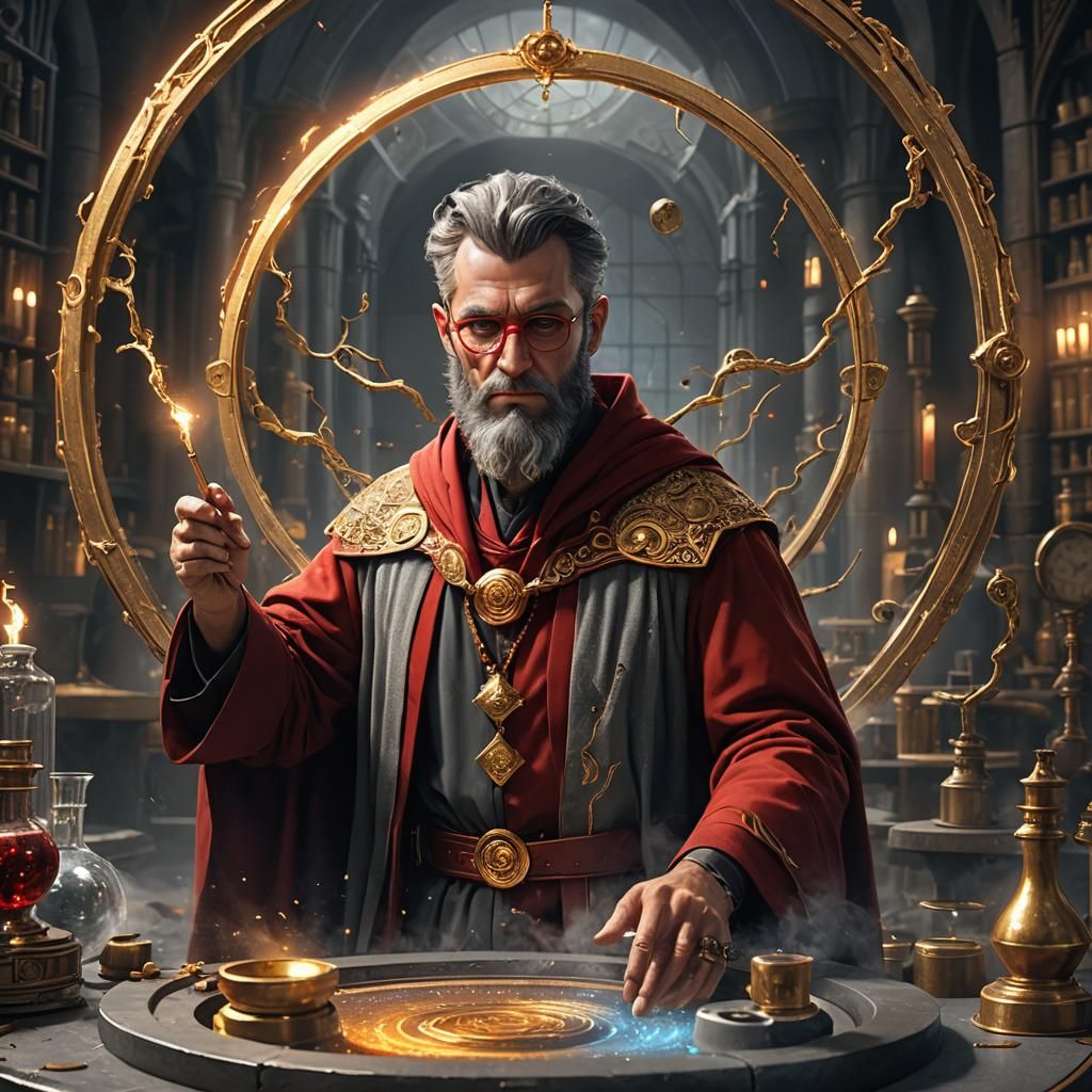 Young Wizard Casting Spell in Laboratory, Detailed Matte Pai...