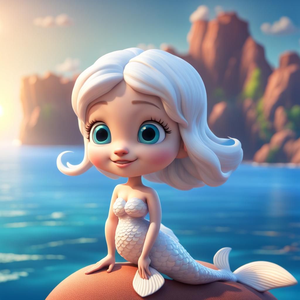 Cute White Mermaid in Animated 3D Style