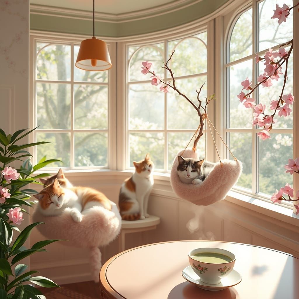 Surreal Cat Café in Soft Pastel Hues with Cherry Blossoms