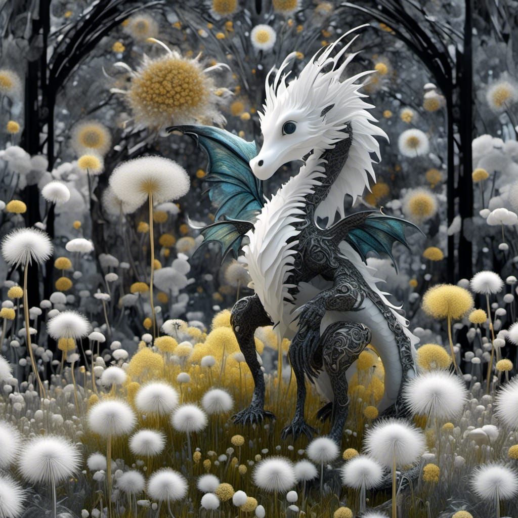 Black Dragon with Dandelions in Art Nouveau Style