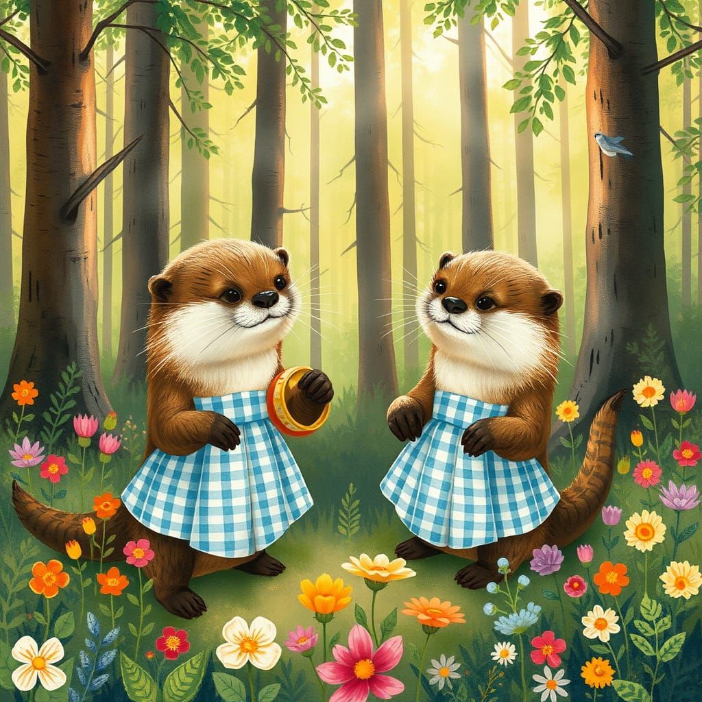 Gingham Otters in Whimsical Woodland Wonderland