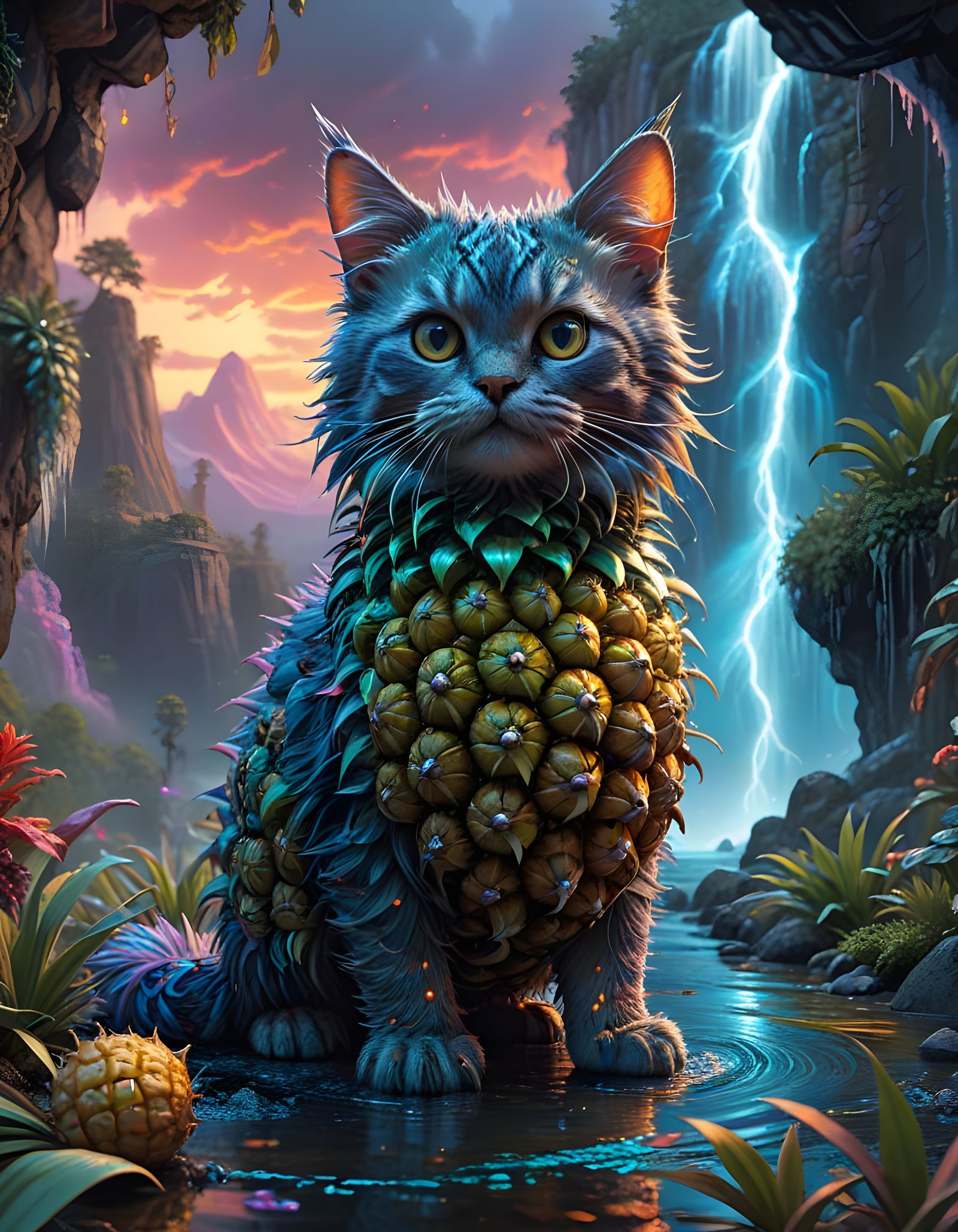 Whimsical Pineapple-Kitten Emerges from a Vibrant Muskpineap...