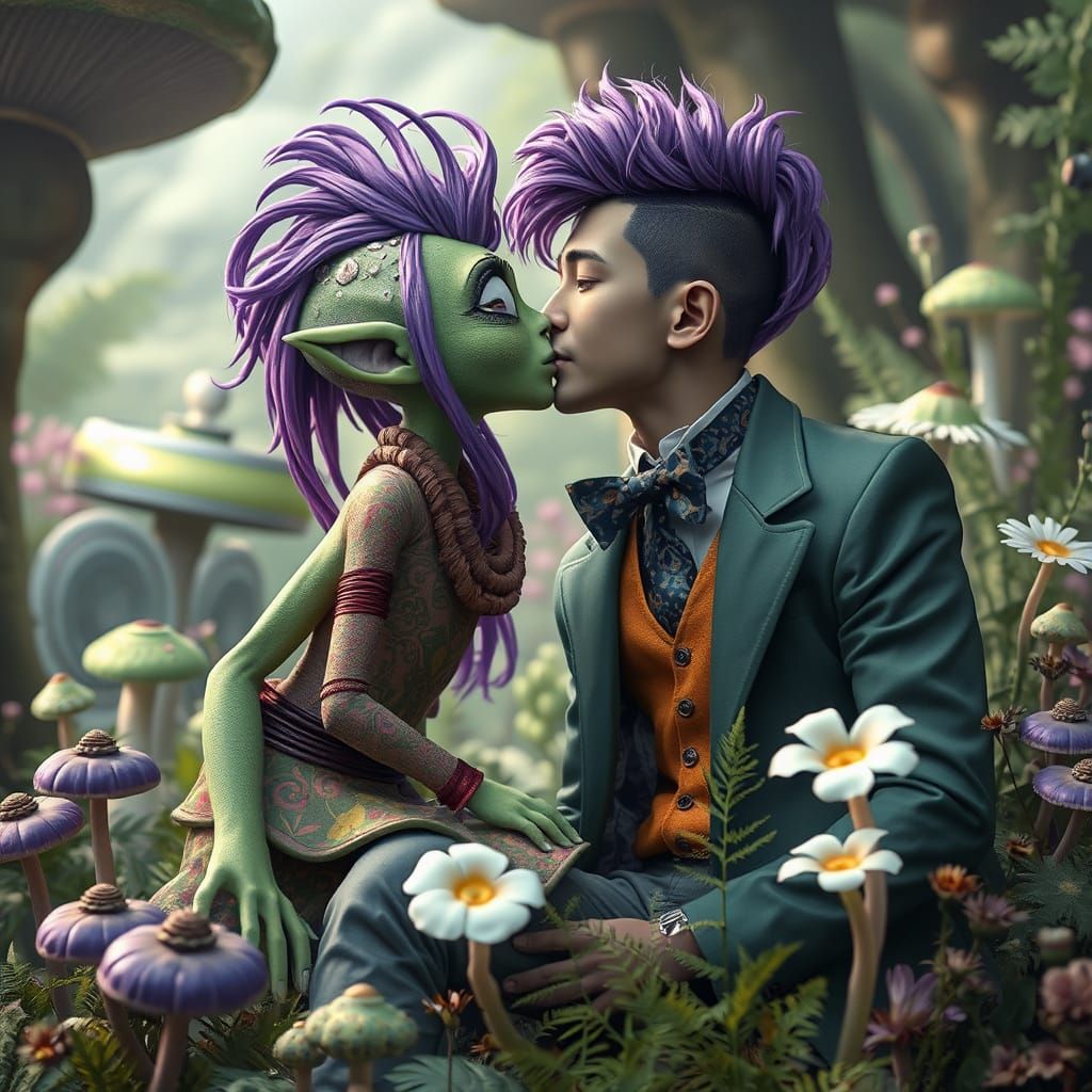 Whimsical Alien Romance in a Vibrant Floral World