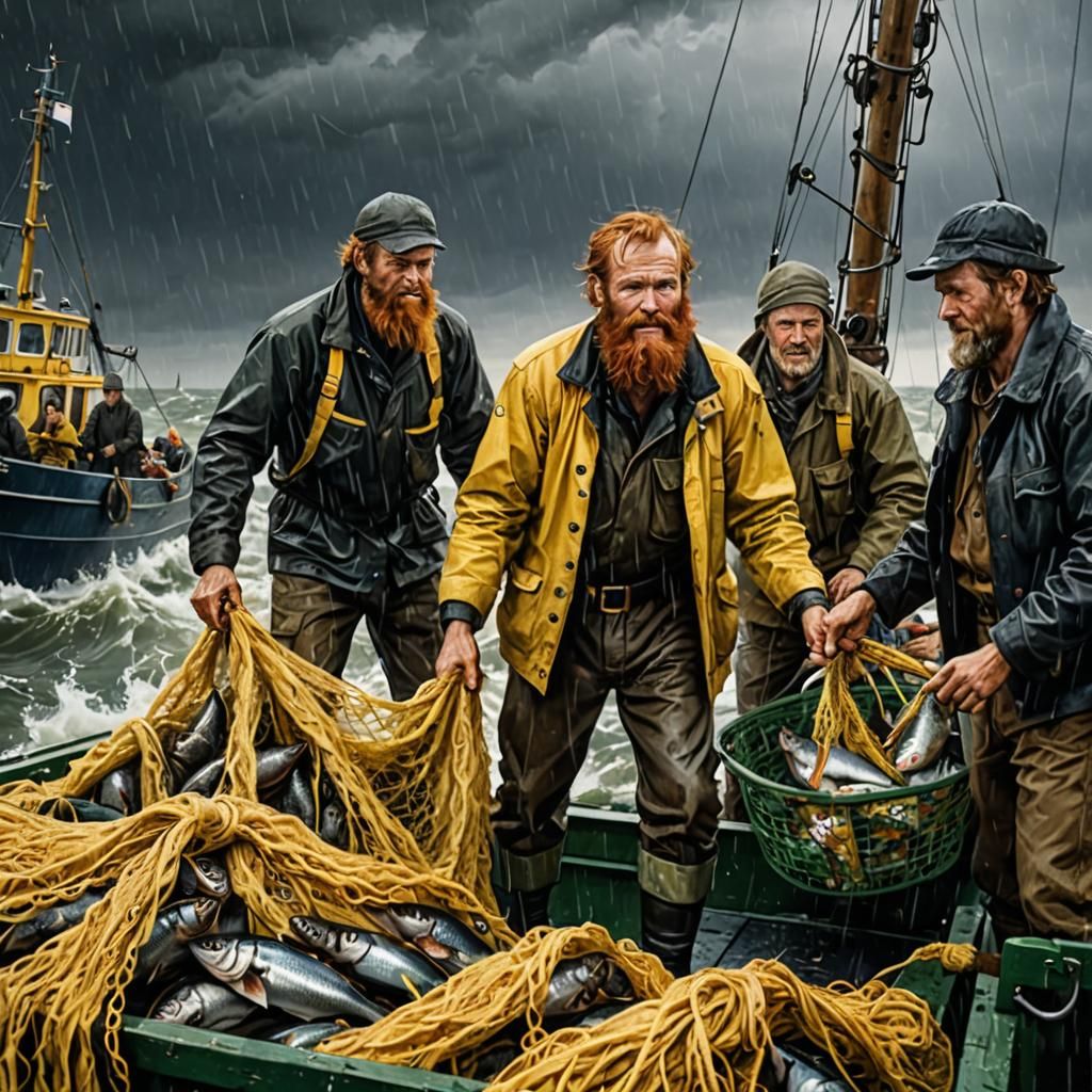 Frisian Fishermen on Trawler in Stormy Sea