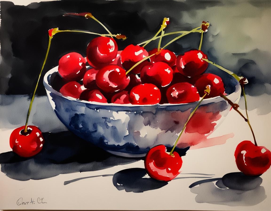 Bowl of Cherries in Watercolour Sketch Style