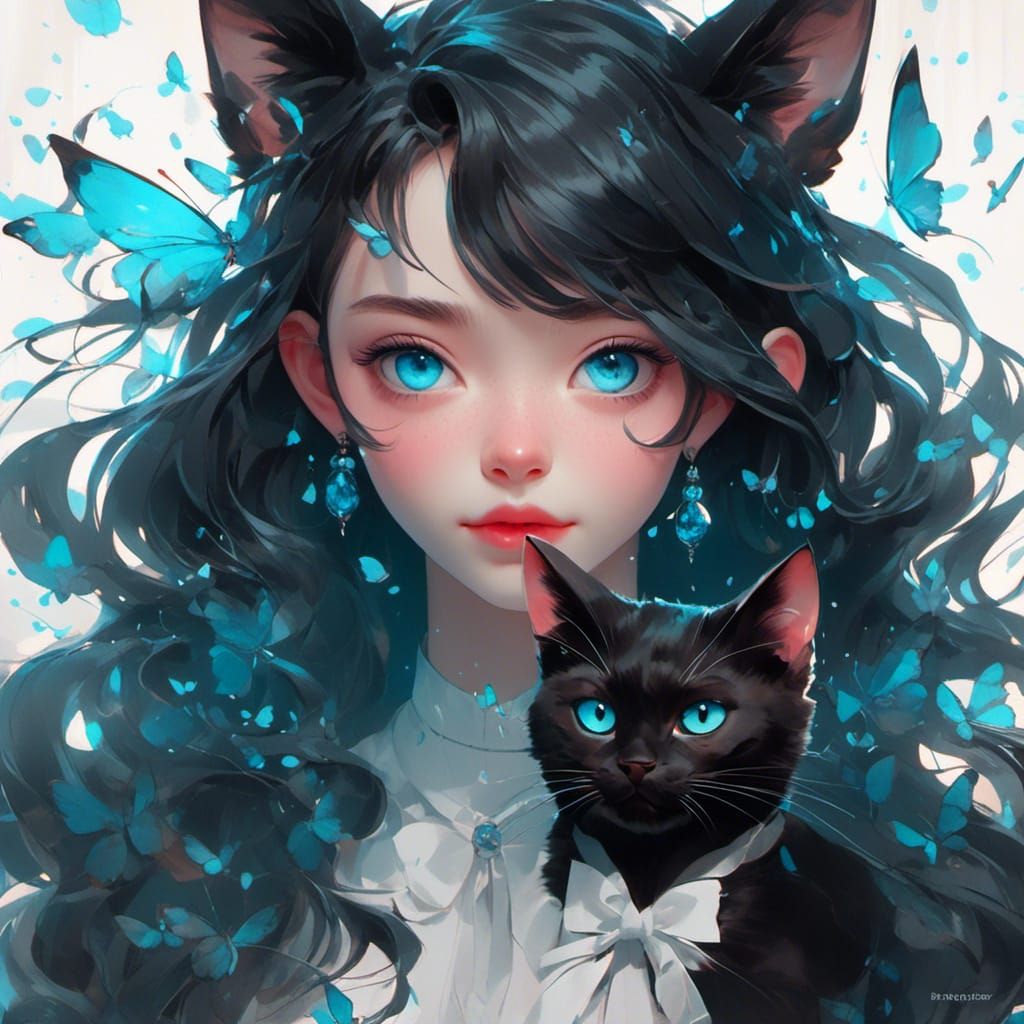 Sleek Black Cat Portrait with Teal Eyes