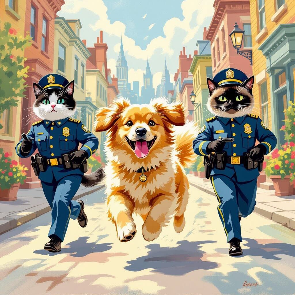 Golden Retriever Evades Siamese Cat Police in Whimsical City...
