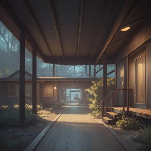 Mid-Century Ranch House at Twilight: Detailed Matte Painting