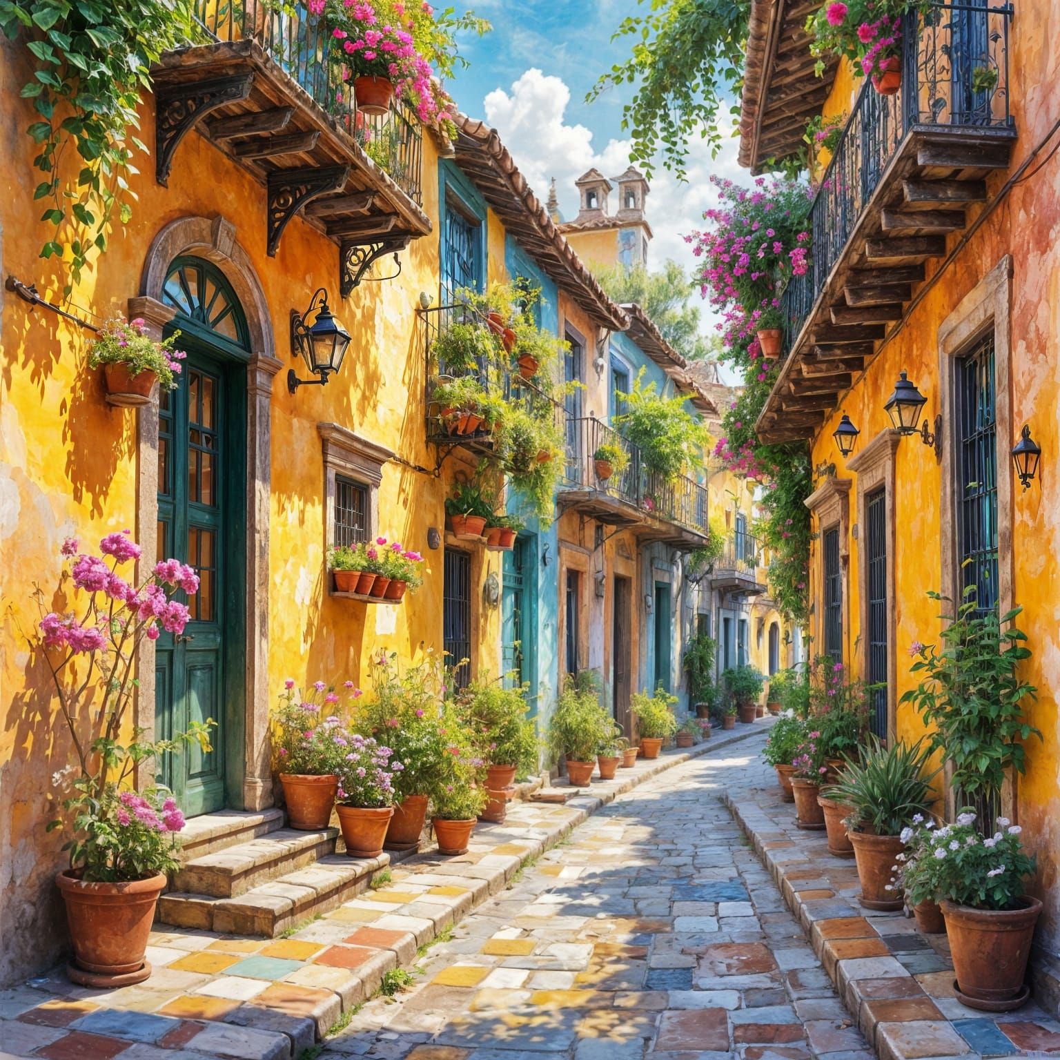 Vibrant Latin Old Town Street in Watercolor