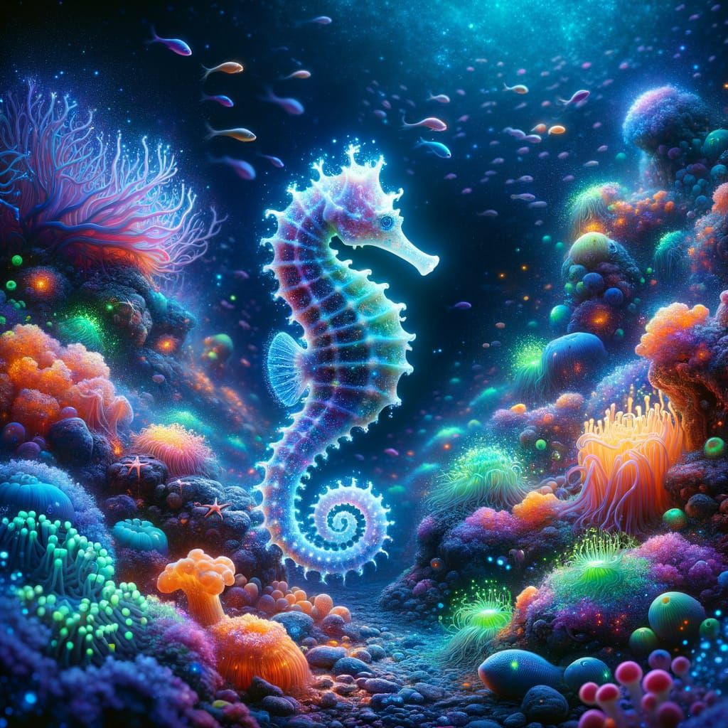 Bioluminescent Seahorse in Surreal Underwater Paradise
