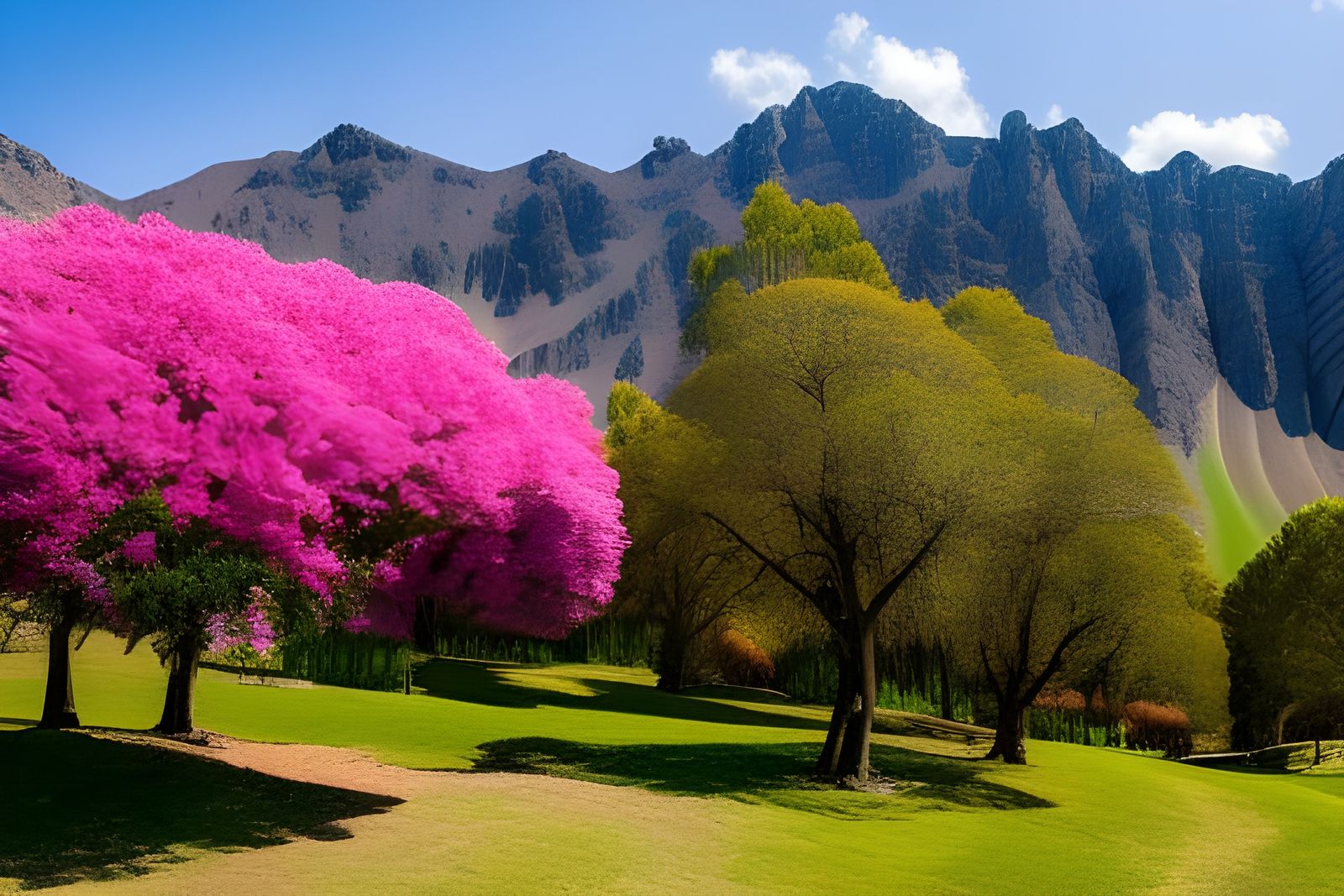Surreal Pink Flowering Trees in the Mountains