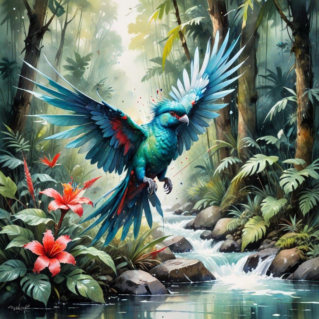 Resplendent Quetzal in Tropical Forest, Watercolor Painting