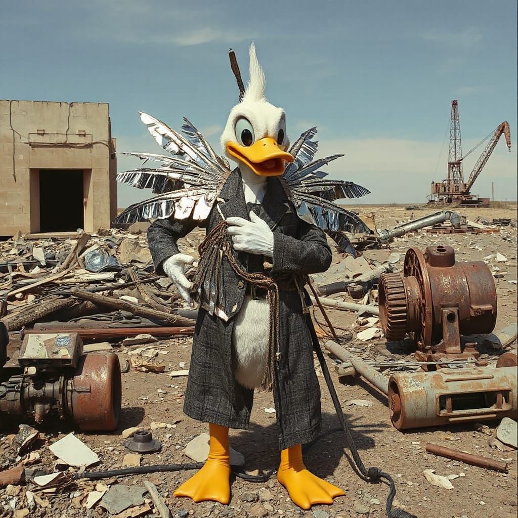 Cyborg Donald Duck in Post-Apocalyptic Surreal Ruins