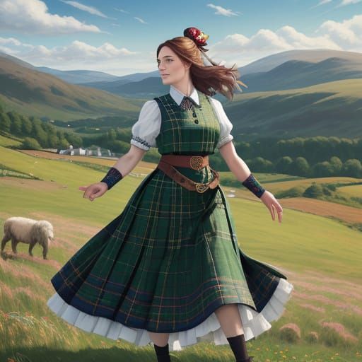 Scottish Woman Dancing in Golden Hour Folk Art Style
