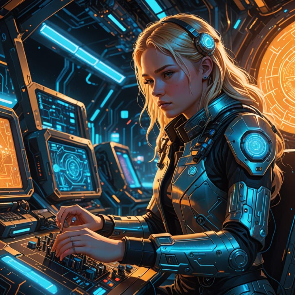 Girl at Console in Vibrant Sci-Fi Digital Art