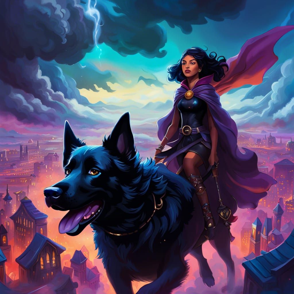 Witch and Dog Fly Through Floating City