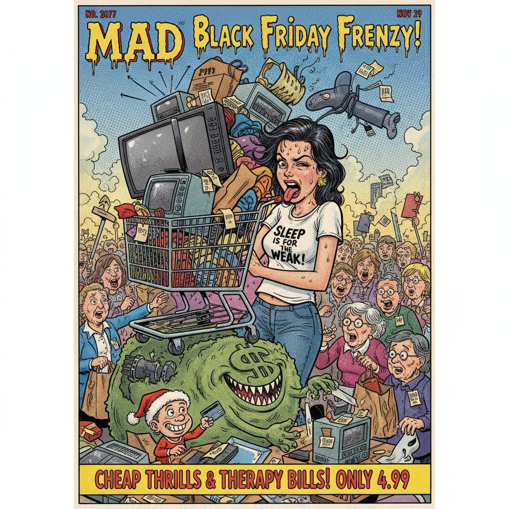 MAD Magazine Style Comic Front Page: Black Friday Frenzy