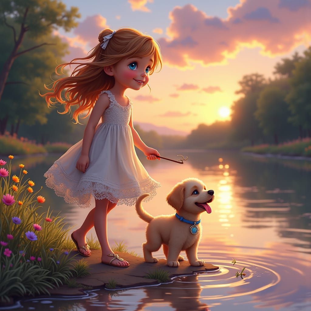 Girl and Puppy by River at Sunset