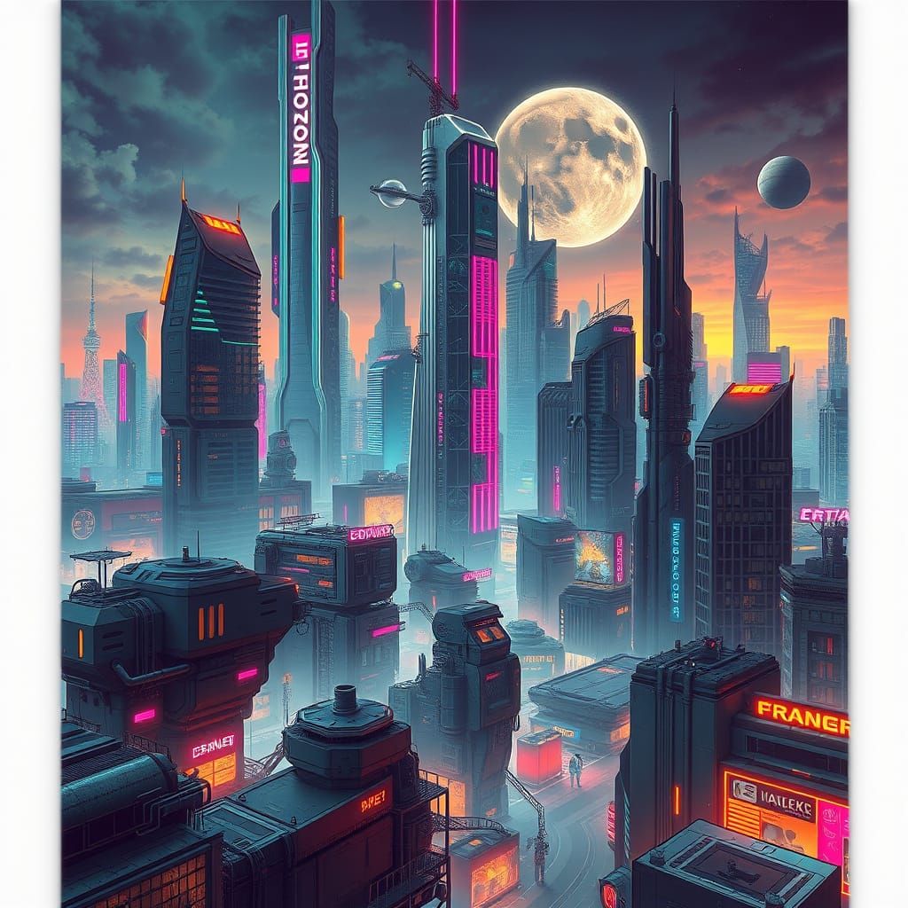 Futuristic Cityscape with Neon Lights in Cyberpunk Style