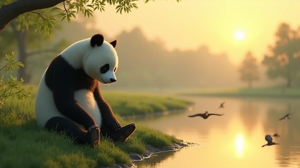 3D Panda Contemplates Life by Tranquil River
